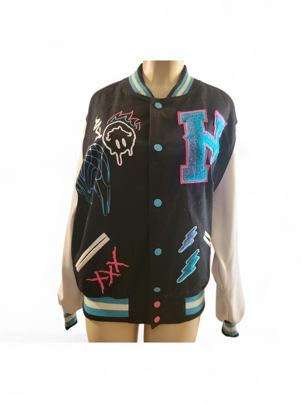 SMOKE RISE Varsity Jacket with Leather Slevees Punk Rock Colorful Y2K Emo - Picture 2 of 7
